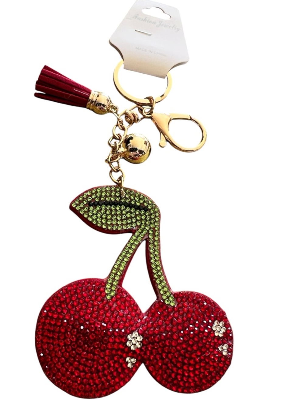 Rhinestone Cherry Tassel Keychain - Red & Green